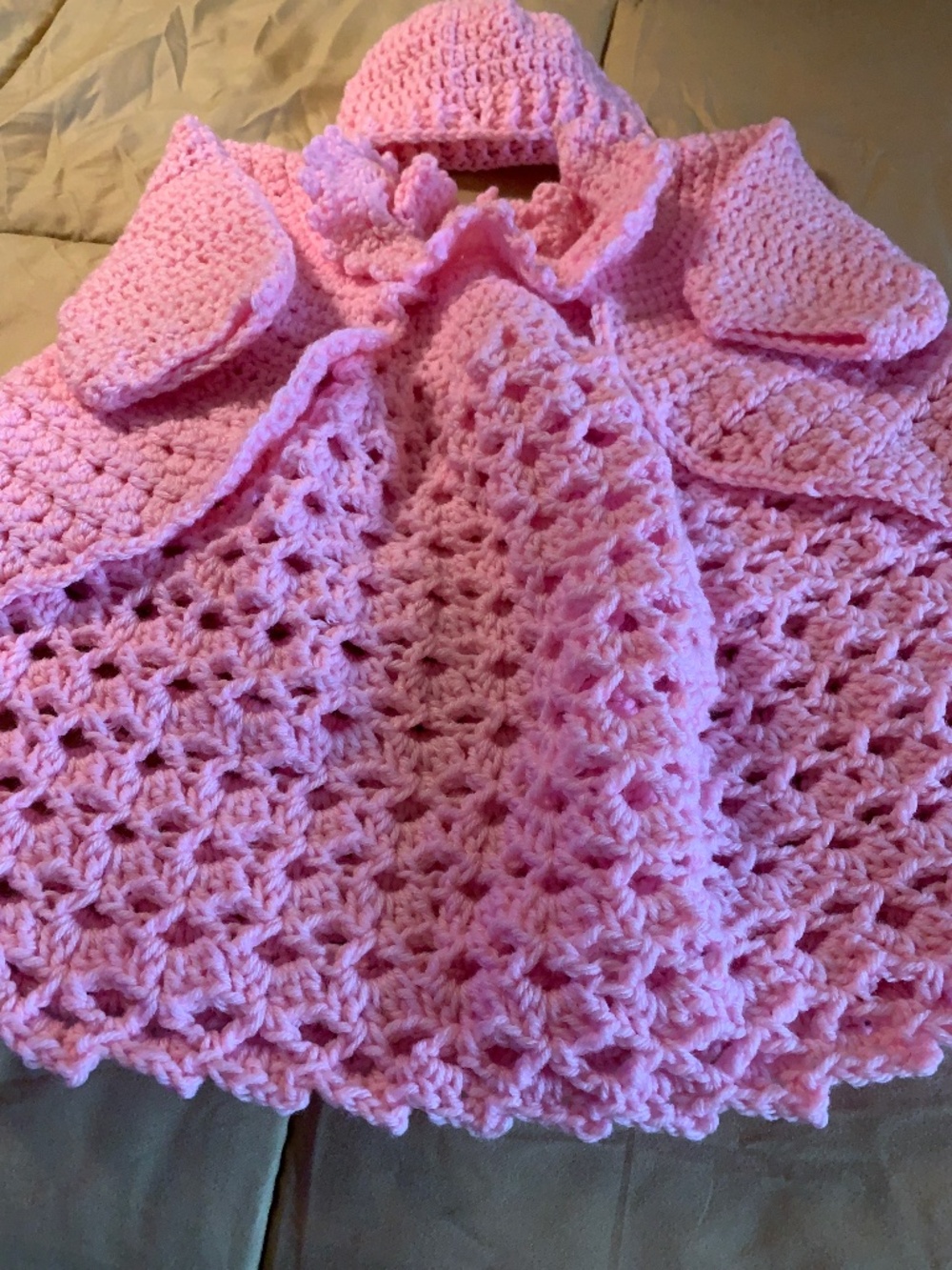 Pink crocheted Handmde baby dress, jacket and hat set  0-3 Months - New